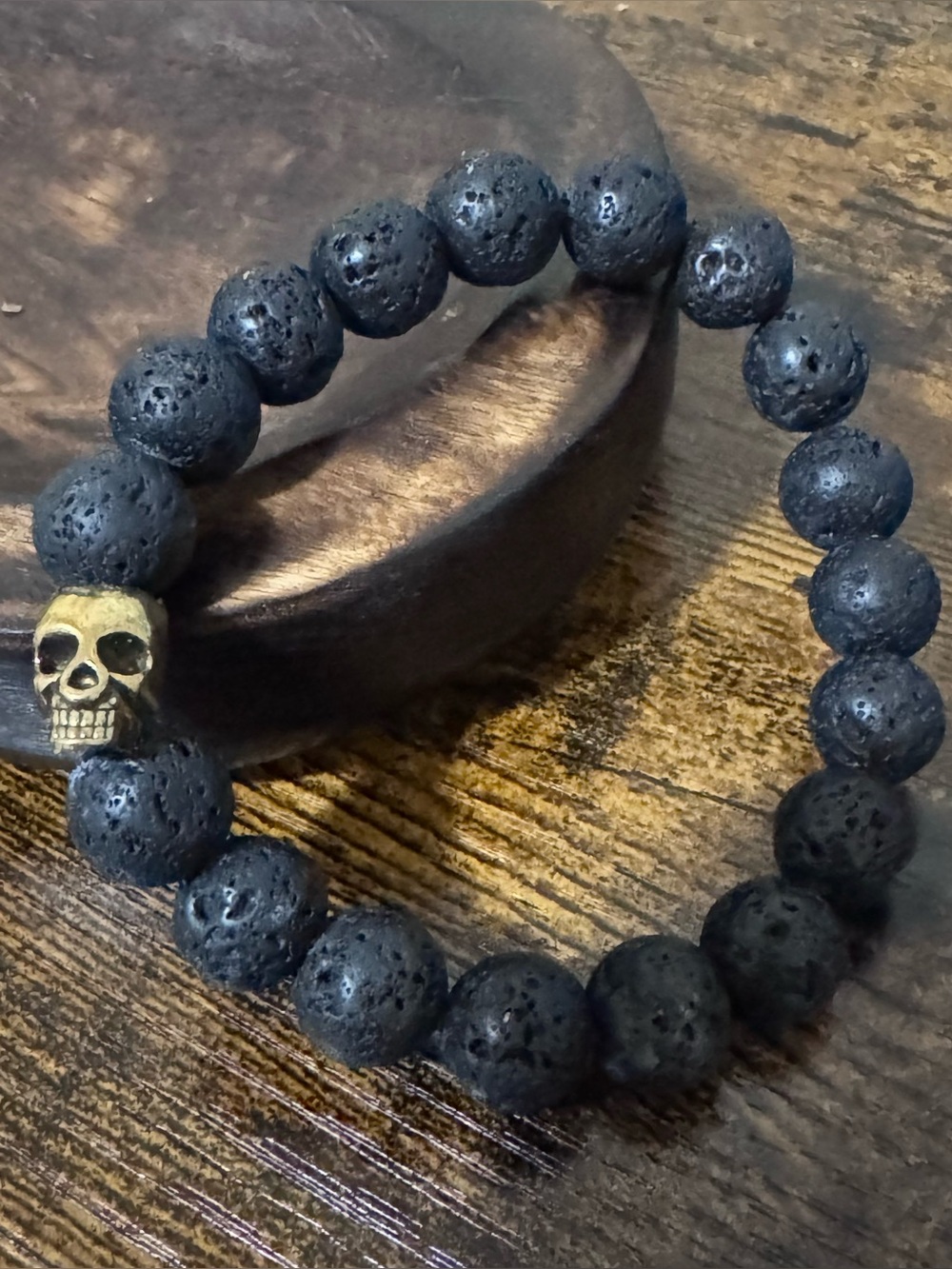 Men's Black Lava Stone Bead Bracelet with Skull Accent